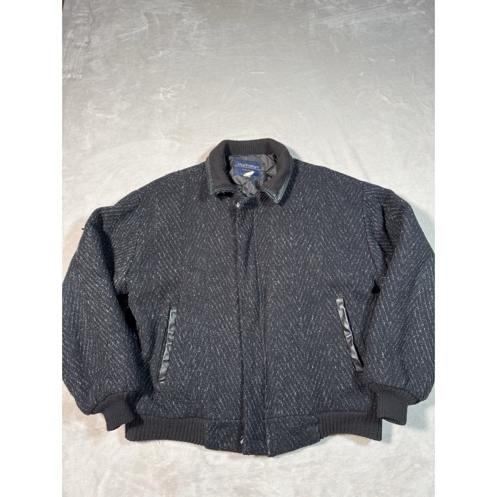 Vintage Manhattan Wool Bomber Flight Pea Jacket Coat Mens L Black MADE IN USA